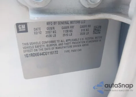 2012 Chevrolet Volt z USA, uszkodzony, nr VIN 1G1RD6E44CU116172